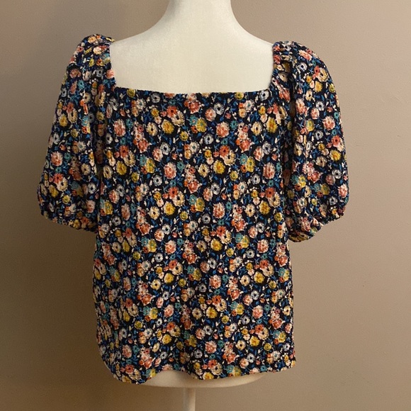 LOFT Navy Floral Tie-front Blouse - Picture 3 of 7